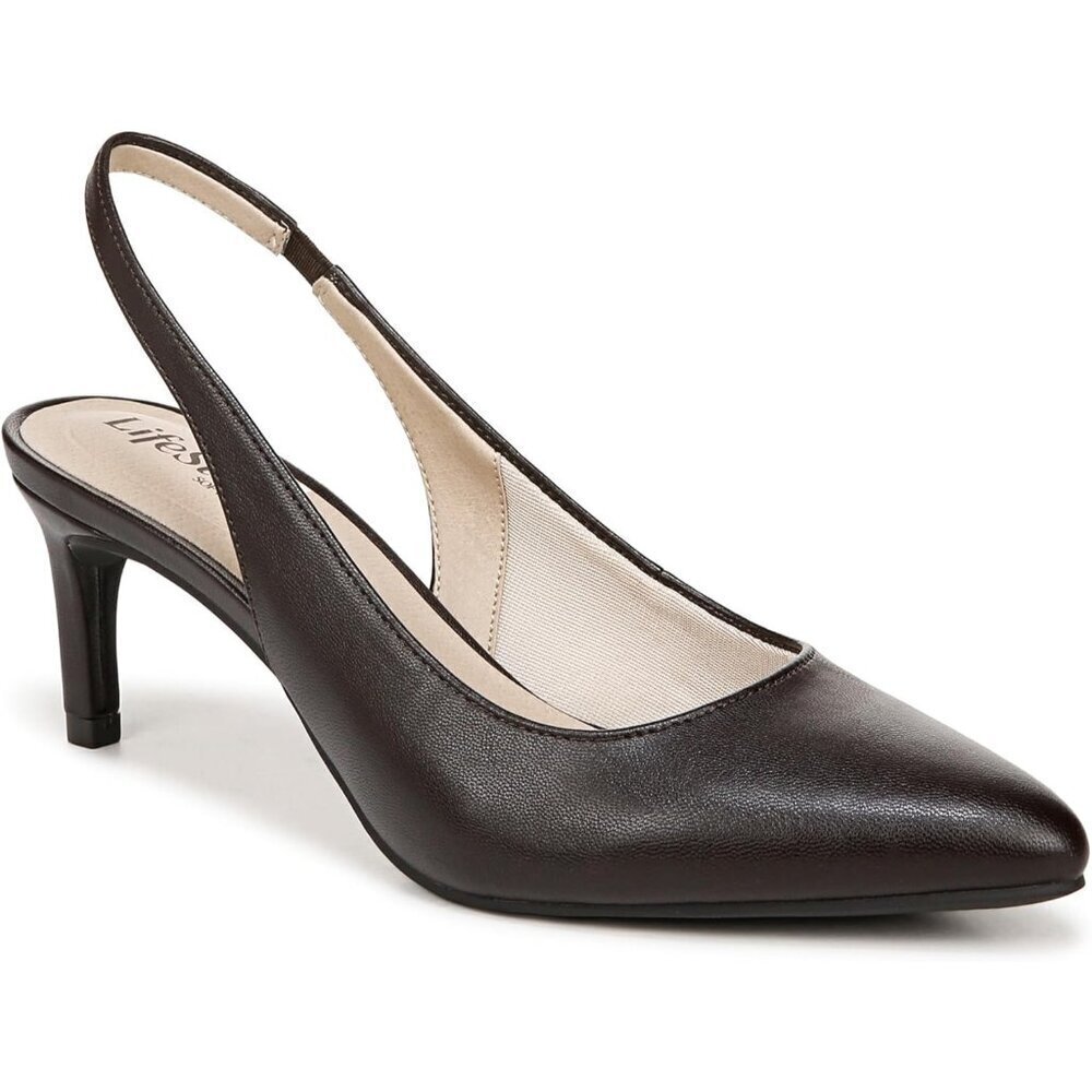 LifeStride Womens Dark Chocolate Polyurethane (PU) Slingback Kitten Heel Pump